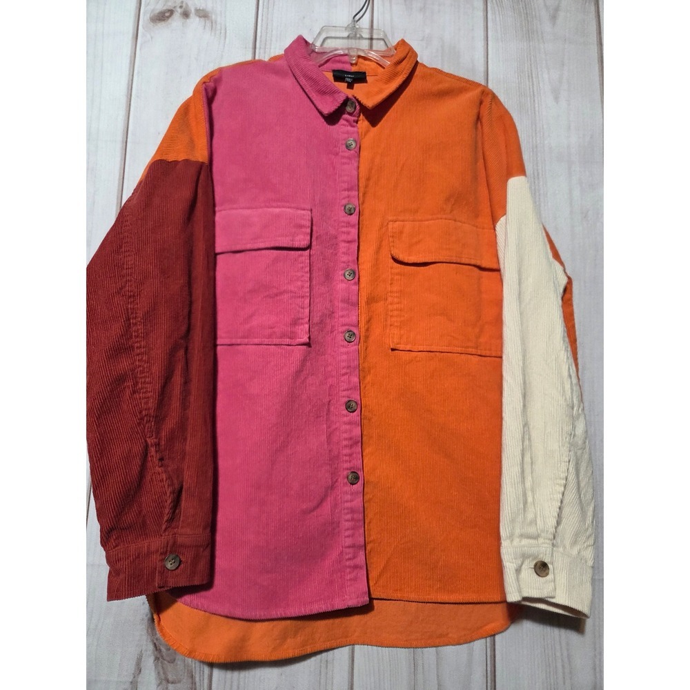 Vici Dolls Colorblock Corduroy Button Down Shirt Orange Pink Large Thick
